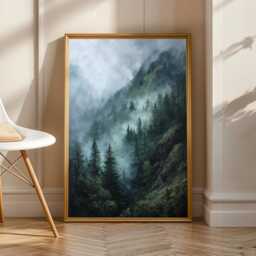 Foggy Forest Wall Art, Misty Mountain Landscape, Green & Gray Decor, Living Room Fall Style Gift, Autumn Host Gift - thumbnail 2