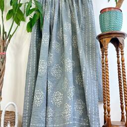 Kantha Stitch Pure Cotton Reversible Bed/Sofa Throw King Size Handmade Dohar Slated Grey Gris White Tribal Motif - Country Rustic - thumbnail 2