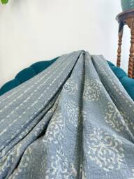 Kantha Stitch Pure Cotton Reversible Bed/Sofa Throw King Size Handmade Dohar Slated Grey Gris White Tribal Motif - Country Rustic
