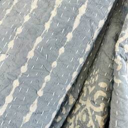 Kantha Stitch Pure Cotton Reversible Bed/Sofa Throw King Size Handmade Dohar Slated Grey Gris White Tribal Motif - Country Rustic - thumbnail 4