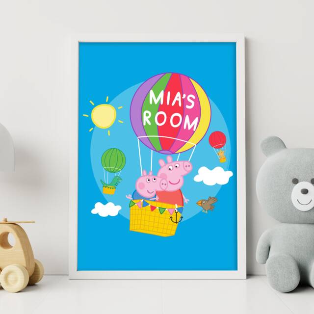 Peppa Pig Print - & George Hot Air Balloon Personalised Name Poster Wall Art - image 1