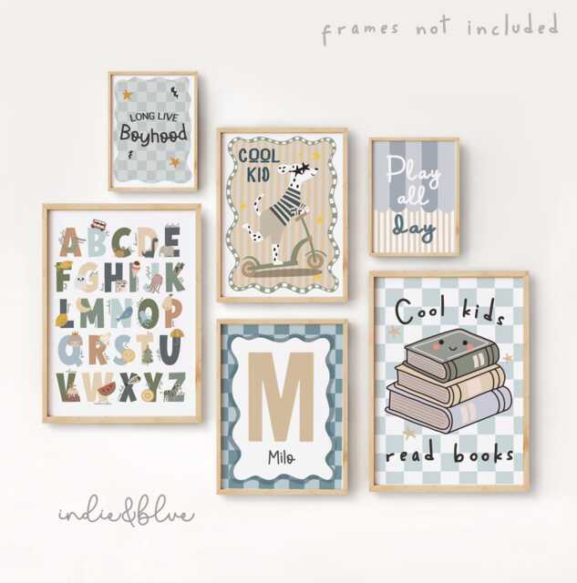 Personalised Set Of 6 Gallery Wall Prints in Blue & Green, Toddler Bedroom Playroom Decor, Neutral Kids Room Art - image 1