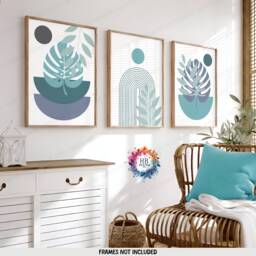 Blue Boho Prints - Set Of 3 Wall - Ocean Decor Living Room Posters Bedroom Artwork Home Hangings Botanicals - thumbnail 1
