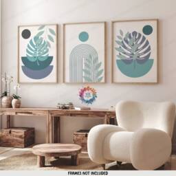 Blue Boho Prints - Set Of 3 Wall - Ocean Decor Living Room Posters Bedroom Artwork Home Hangings Botanicals - thumbnail 2