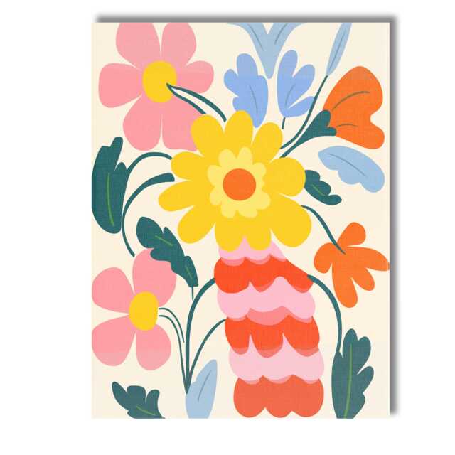 Whimsical Botanical Bouquet With Yellow Flower & Coral Blossoms Canvas Wall Art Print Decor Picture Ready To Hang - image 1
