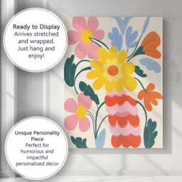 Whimsical Botanical Bouquet With Yellow Flower & Coral Blossoms Canvas Wall Art Print Decor Picture Ready To Hang - thumbnail 3