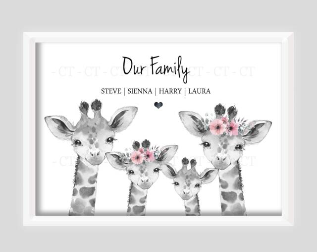 Personalised Giraffe Family Gift Print Up To 7 Members Unframed - image 1