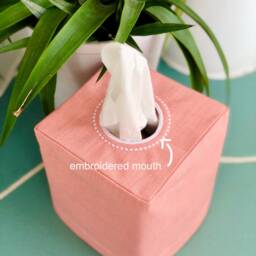 Linen Tissue Box Cover Embroidered Mouth, Minimalist Decor - thumbnail 2