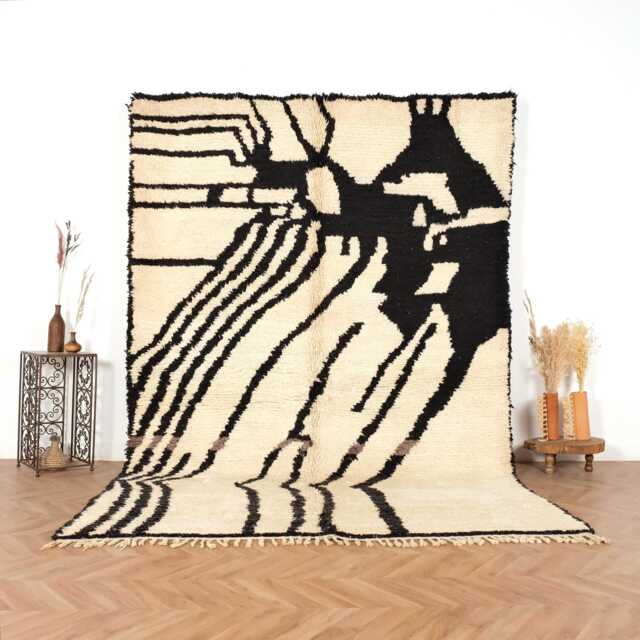 Vintage Moroccan Rug, Boujaad Rug, Cream & Black Moroccan Area Rug 6.6x10.1 Ft - image 1