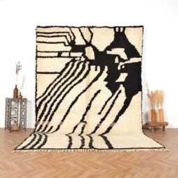 Vintage Moroccan Rug, Boujaad Rug, Cream & Black Moroccan Area Rug 6.6x10.1 Ft