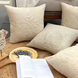 "Beige Cotton & Linen Mother Of Pearl Sea Creature Pattern Decorative Throw Pillow Cover, 16""x16" - thumbnail 3