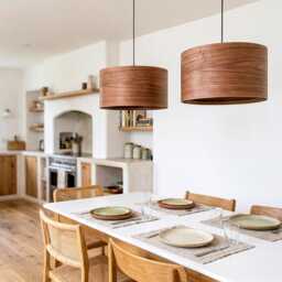Walnut Wood Drum Pendant Light - Japandi Dining Chandelier & Kitchen Island Hanging Lamp - thumbnail 2