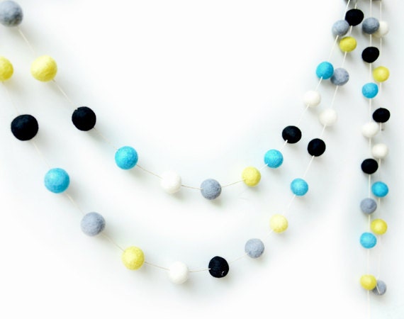 Cyan Yellow Grey Felt Ball Garland. Nursery Decor. 2 Or 3 Metres. Boys Room Kids Room. Pom Home - image 1