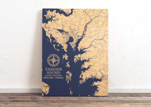 Tangier Sound, Maryland Virginia Map - Engraved Wood Coastal Wall Art Sign, Beach Home House Decor Nautical Print, Personalized Family Gift - image 1