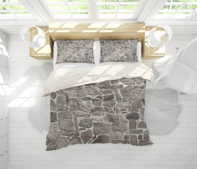 3D Stone Wall Duvet Cover Set, Rustic Grey Bedding - image 1