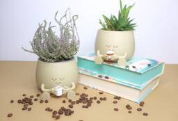 Official Happy Face Planter - Coffee Buddy- Cozy Little Plant Pot Holding A Coffee Mug. Cute Lover Gift Smiley Face With Accesory