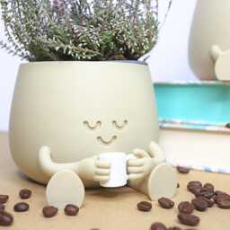 Official Happy Face Planter - Coffee Buddy- Cozy Little Plant Pot Holding A Coffee Mug. Cute Lover Gift Smiley Face With Accesory - thumbnail 2
