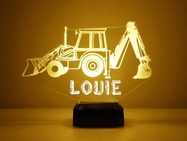 Light Up Backhoe Tractor, Custom Engraved Night Light, Personalized Free, 16 Color Options With Remote Control, Kids Room Tractor - image 1