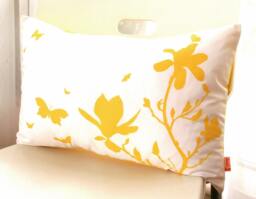 Yellow Print On Off White Cotton Magnolia & Butterfies Rectangle Pillow - thumbnail 1