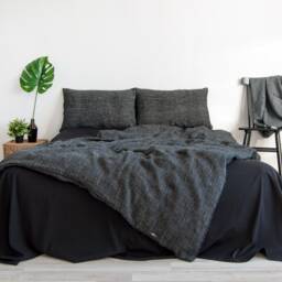 Black Pinstripe Linen Bed Set - 100% Stonewashed Bedding - thumbnail 3