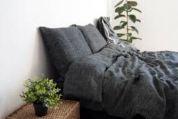 Black Pinstripe Linen Bed Set - 100% Stonewashed Bedding