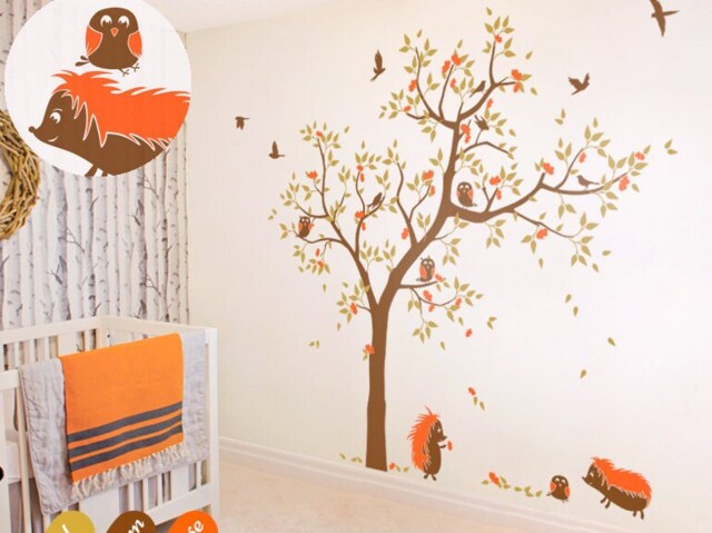 Nursery Tree Wall Decal With Hedgehogs & Owls Large Scene Forest Animal Stickers Home Decor Kw001 - image 1