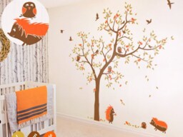 Nursery Tree Wall Decal With Hedgehogs & Owls Large Scene Forest Animal Stickers Home Decor Kw001 - thumbnail 1