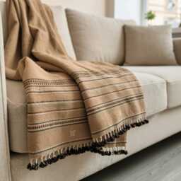Orange Tan Indian Wool Throw Blanket, Handwoven Couch Coverlet With Heritage Bed Accent - Pravala - thumbnail 3