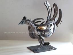 Horseshoe Chicken Sculpture With Golden Egg, Recycled Metal Rooster Art