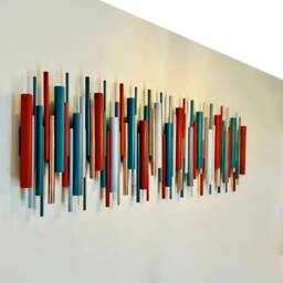 Red & Teal Wall Art - Modern Abstract Wood Sculpture - thumbnail 2