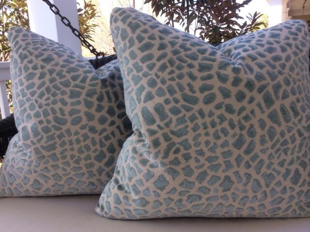 Aqua Blue Leopard Print Pillow Cover, Ivory Velvet Back - image 1