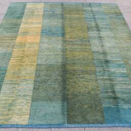 Large Green Rug 9x11 Oversized Modern Carpet, Turquoise Teal Turkish Pile Rug, Contemporary, Geometric Gradient Block Column - thumbnail 2