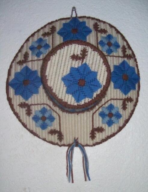 13-Inch Blue, Brown & White Floral Needlepoint 3-D Hat Wall Art Hanging