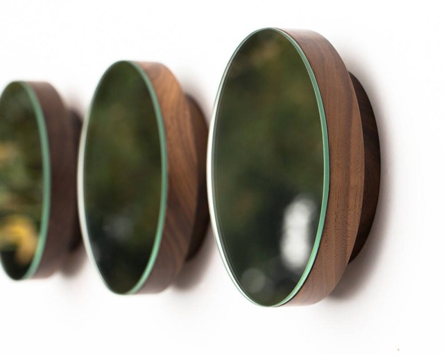Modern Round Wall Mirror With Decorative Wooden Knobs & Walnut Coat Hooks - image 1
