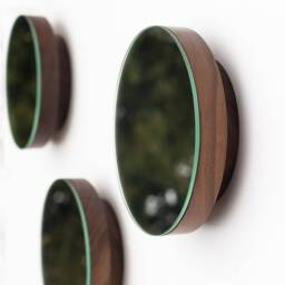 Modern Round Wall Mirror With Decorative Wooden Knobs & Walnut Coat Hooks - thumbnail 2