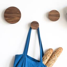 Modern Round Wall Mirror With Decorative Wooden Knobs & Walnut Coat Hooks - thumbnail 4