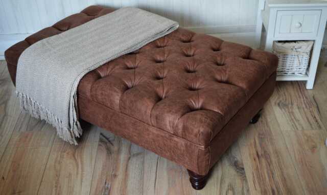 Handmade Antique Brown Faux Suede Chesterfield Footstool - Ottoman Coffee Table Footrest Mahogany Turned Hardwood Legs - image 1