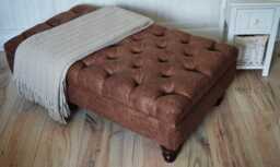 Handmade Antique Brown Faux Suede Chesterfield Footstool - Ottoman Coffee Table Footrest Mahogany Turned Hardwood Legs - thumbnail 1