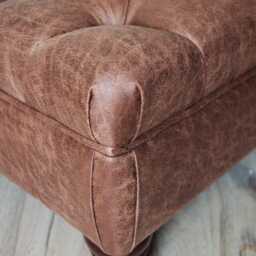 Handmade Antique Brown Faux Suede Chesterfield Footstool - Ottoman Coffee Table Footrest Mahogany Turned Hardwood Legs - thumbnail 2