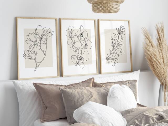 Minimalist Flower Prints Set Beige Abstract Line Art, Botanical Gallery Wall - image 1