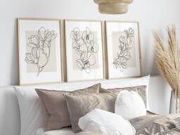 Minimalist Flower Prints Set Beige Abstract Line Art, Botanical Gallery Wall - thumbnail 1