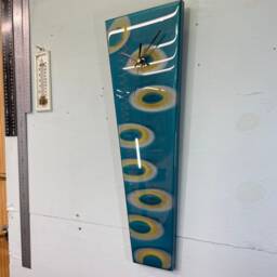 Narrow Turquoise Silver & Gold Abstract Resin Wall Clock, Long Modern Unusual Home Decor - thumbnail 2