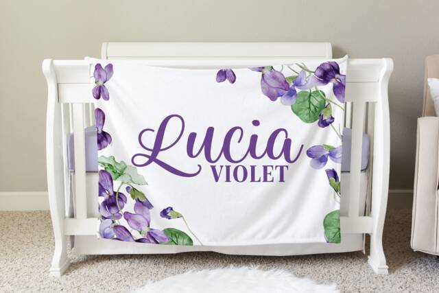Violet Floral Personalized Baby Blanket, Custom Shower Gift, Nursery Crib Hospital, Car Blanket - image 1