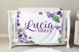 Violet Floral Personalized Baby Blanket, Custom Shower Gift, Nursery Crib Hospital, Car Blanket - thumbnail 1