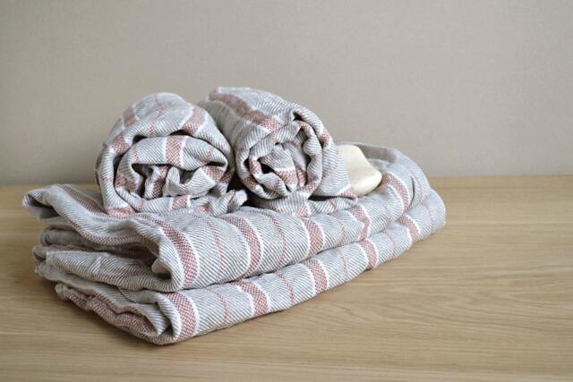 Striped Linen Towels Set 4 Pre Washed Natural Body Gift Set For Two Bathroom Sheets With Red Stripes Two Sizes Vegan Throw - image 1