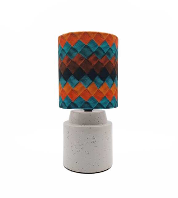 Round Ceramic Table Lamp Checked Fabric Shade, Pyritewhite Finish - image 1