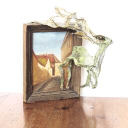 Deer Mesh Sculpture On Vintage Oil Painting - Lithuanian Artist Ooak/Vilnius Bernardino 1960's Mixed Media - thumbnail 2
