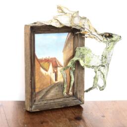 Deer Mesh Sculpture On Vintage Oil Painting - Lithuanian Artist Ooak/Vilnius Bernardino 1960's Mixed Media - thumbnail 4
