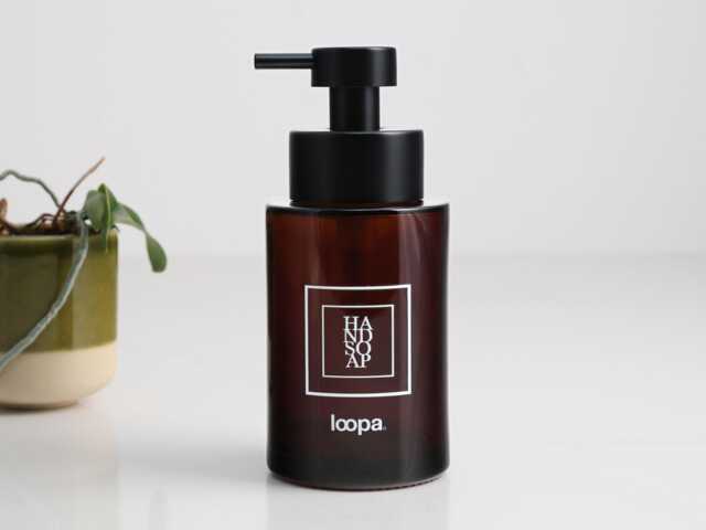 250Ml Amber Glass Soap Dispenser With White Square Label - Refillable Bottle Eco Reusable Design Sustainable Bathroom - image 1