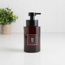 250Ml Amber Glass Soap Dispenser With White Square Label - Refillable Bottle Eco Reusable Design Sustainable Bathroom - thumbnail 1